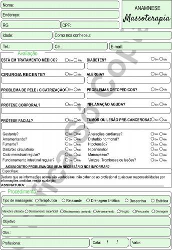 Ficha De Anamnese para Massagem e Massoterapia